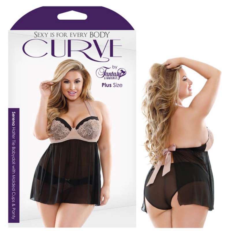 Fantasy Lingerie Curve Serena Halter Tie Babydoll with Molded Cups & Panty 1X/2X